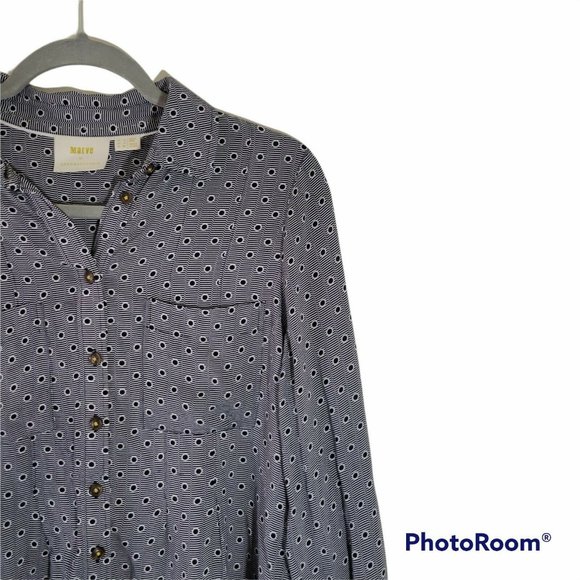 Women's Sz 4 Anthropologie  Maeve Navy Blue Polka Dot  Stripe Button Down Blouse - Picture 3 of 9